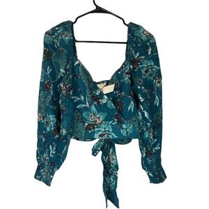Band of the Free Sybille Teal Floral Wrap Crossover Crop Top Women Sz M